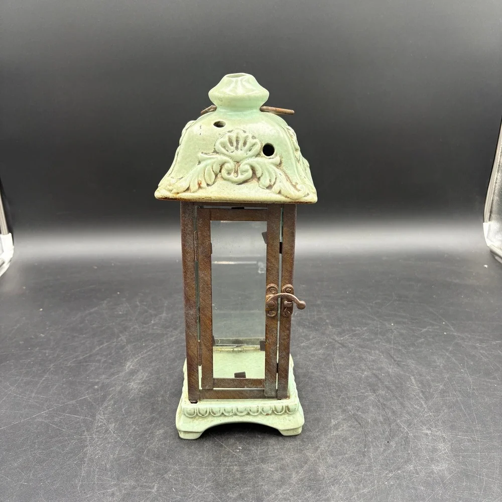 Vtg Heavy Sage Green Ceramic and Metal Glass Candle Lantern Rustic Decor Patina
